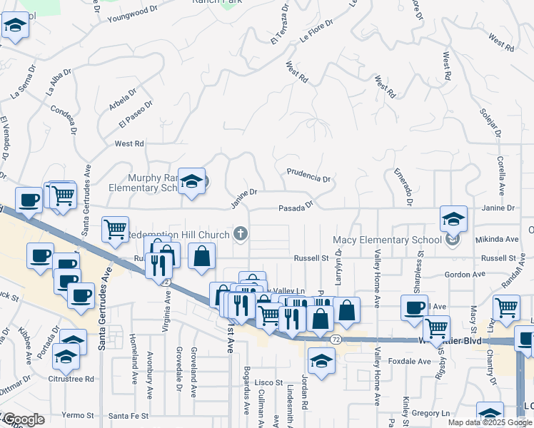 map of restaurants, bars, coffee shops, grocery stores, and more near 16230 Pasada Drive in Whittier