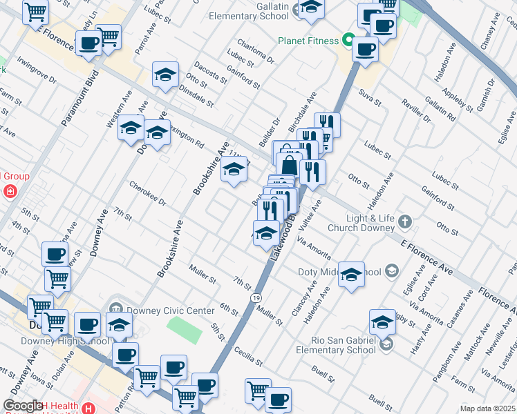 map of restaurants, bars, coffee shops, grocery stores, and more near 10334 Bellman Avenue in Downey