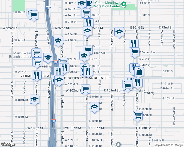 map of restaurants, bars, coffee shops, grocery stores, and more near 9824 South Main Street in Los Angeles