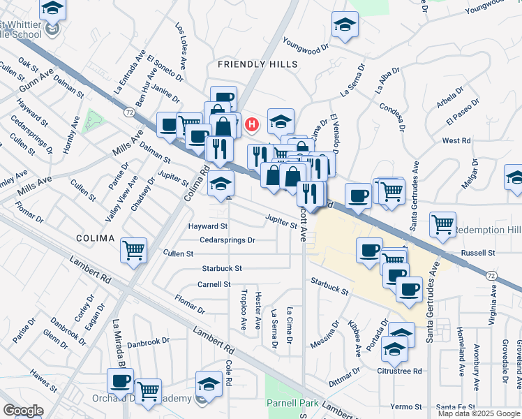 map of restaurants, bars, coffee shops, grocery stores, and more near 15259 Jupiter Street in Whittier