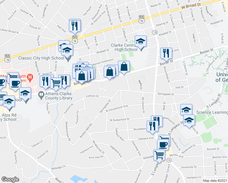 map of restaurants, bars, coffee shops, grocery stores, and more near 450 Springdale Street in Athens