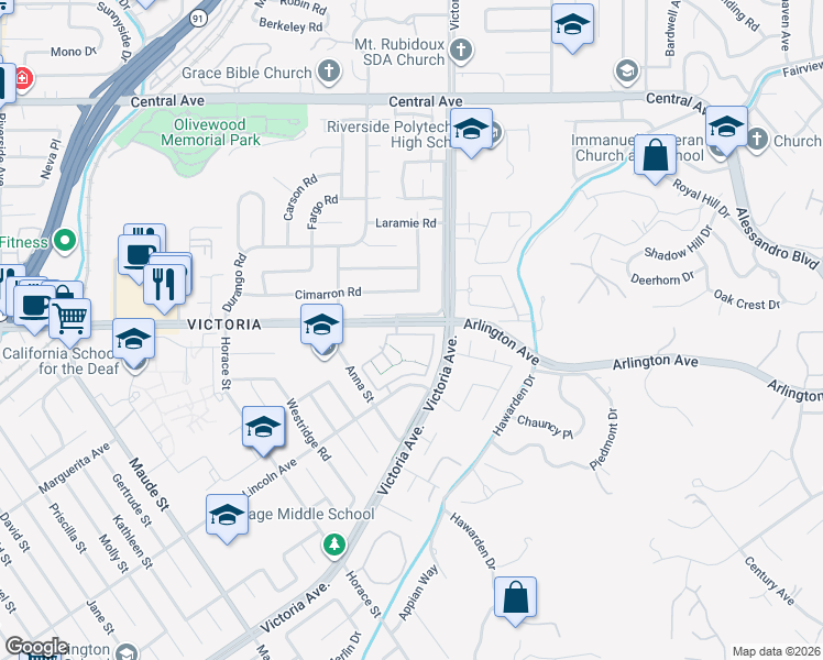 map of restaurants, bars, coffee shops, grocery stores, and more near 5818 Maybrook Circle in Riverside