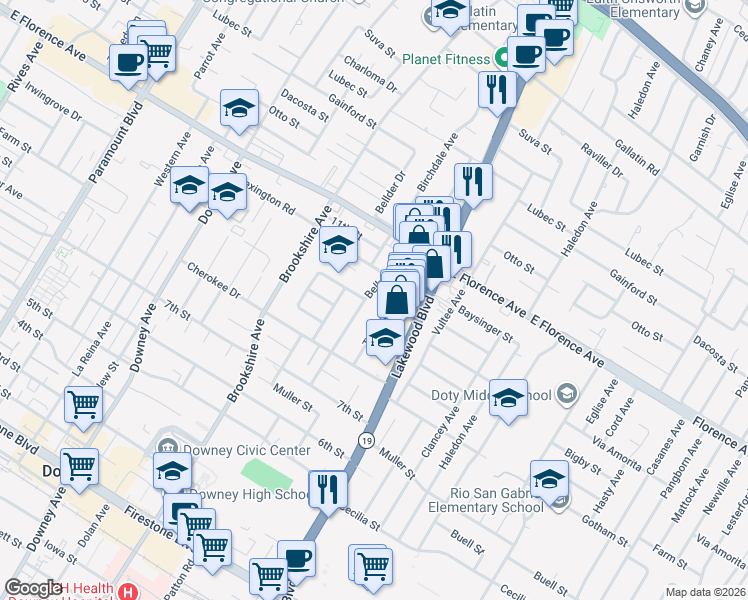 map of restaurants, bars, coffee shops, grocery stores, and more near 10334 Bellman Avenue in Downey