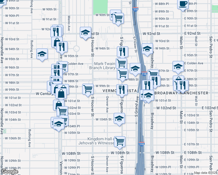 map of restaurants, bars, coffee shops, grocery stores, and more near 556 West 99th Street in Los Angeles