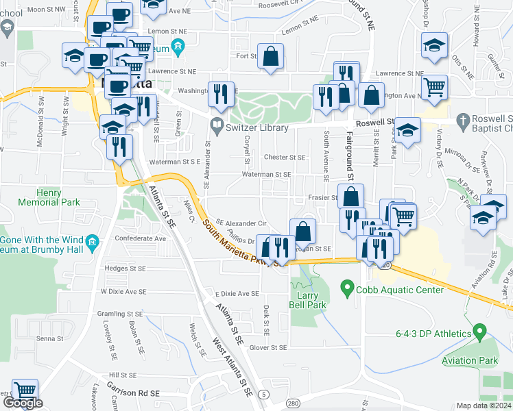 map of restaurants, bars, coffee shops, grocery stores, and more near 250 Southeast Lakewood Drive in Marietta
