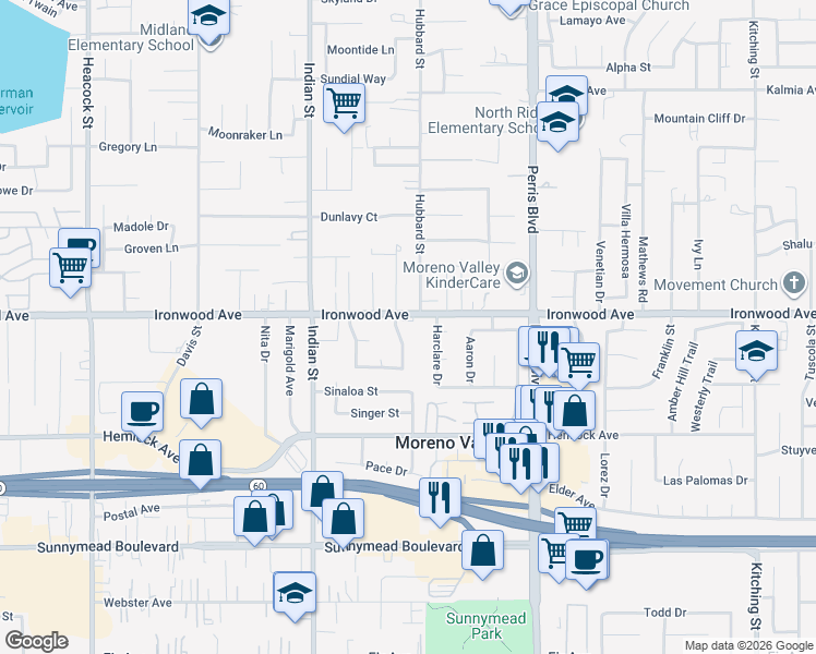 map of restaurants, bars, coffee shops, grocery stores, and more near 24693 Ironwood Avenue in Moreno Valley
