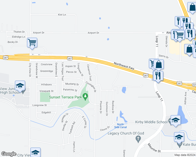 map of restaurants, bars, coffee shops, grocery stores, and more near 1709 Tucson Drive in Wichita Falls