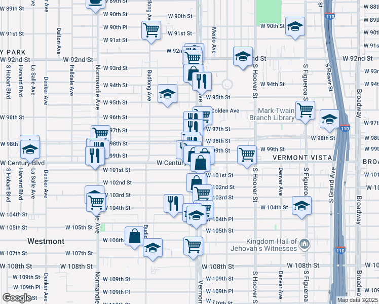 map of restaurants, bars, coffee shops, grocery stores, and more near 1017 West 99th Street in Los Angeles
