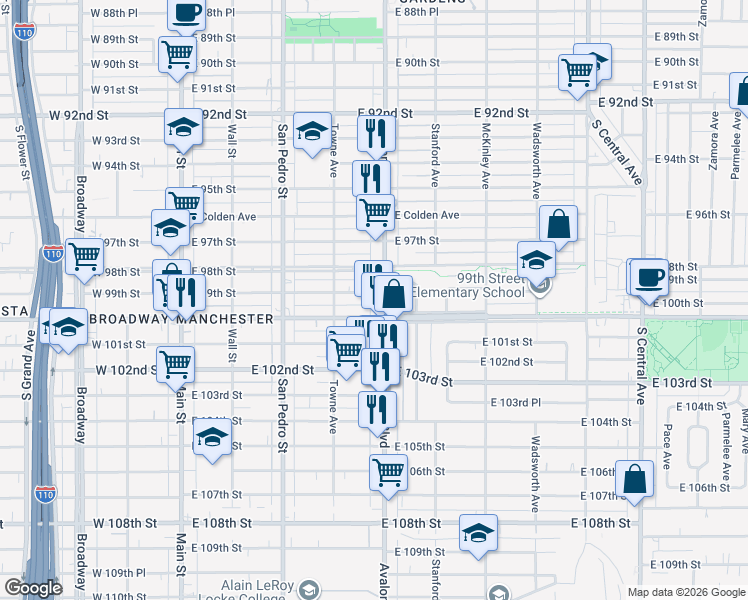 map of restaurants, bars, coffee shops, grocery stores, and more near 9907 South Avalon Boulevard in Los Angeles