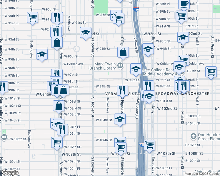 map of restaurants, bars, coffee shops, grocery stores, and more near 552 West 99th Street in Los Angeles