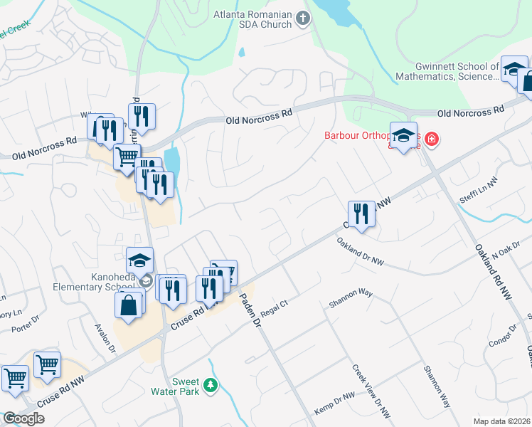 map of restaurants, bars, coffee shops, grocery stores, and more near 2153 Newbury Oaks Drive in Lawrenceville
