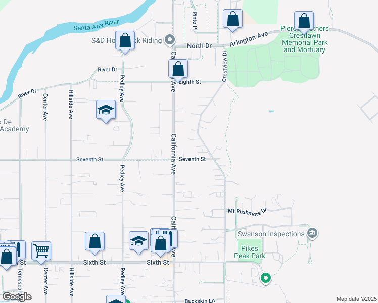 map of restaurants, bars, coffee shops, grocery stores, and more near 243 7th Street in Norco