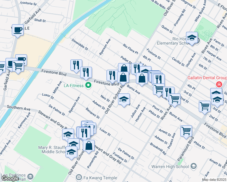map of restaurants, bars, coffee shops, grocery stores, and more near 7320 Firestone Boulevard in Downey