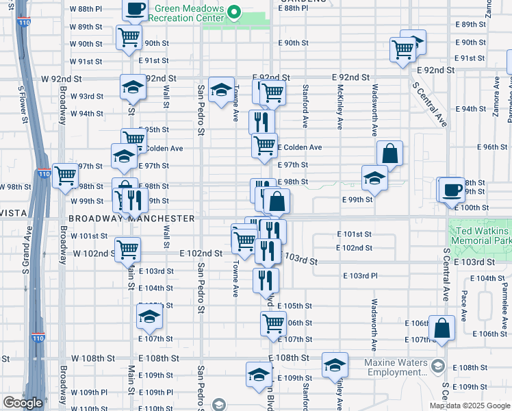 map of restaurants, bars, coffee shops, grocery stores, and more near 432 East 99th Street in Los Angeles