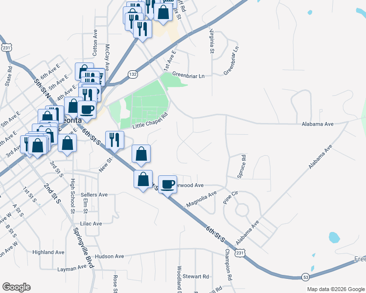 map of restaurants, bars, coffee shops, grocery stores, and more near 104 Azalea Hills Drive in Oneonta