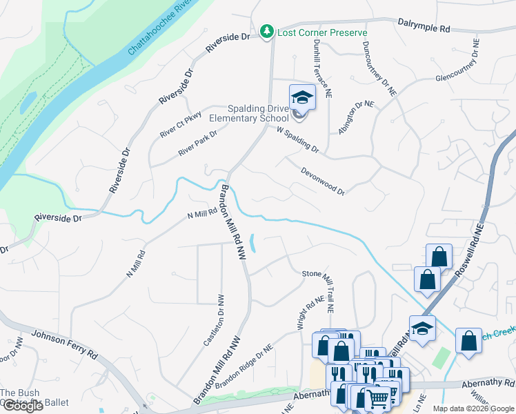 map of restaurants, bars, coffee shops, grocery stores, and more near 130 Hidden Falls Lane Northwest in Atlanta