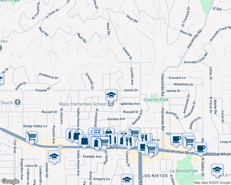 map of restaurants, bars, coffee shops, grocery stores, and more near 16818 Janine Drive in Whittier