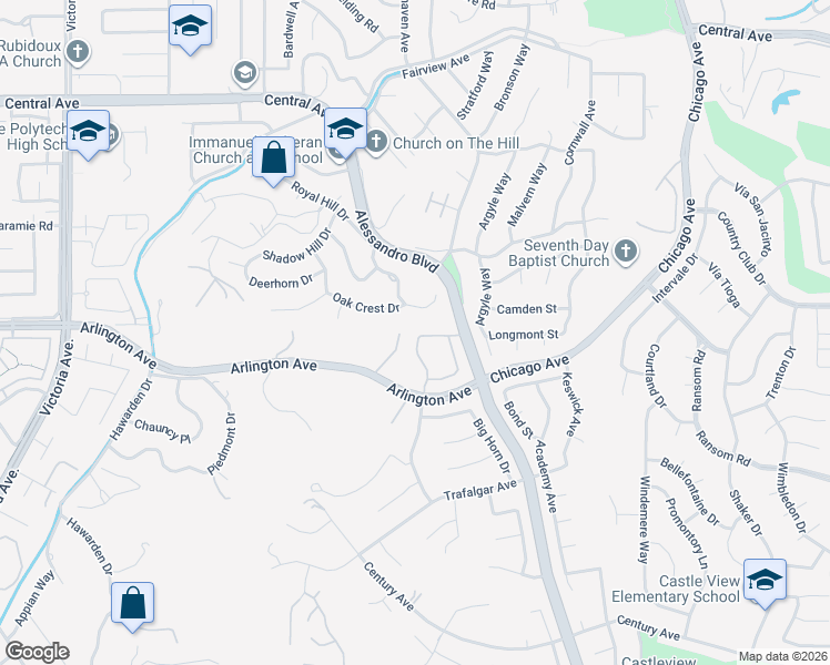 map of restaurants, bars, coffee shops, grocery stores, and more near 2197 Falcon Crest Drive in Riverside