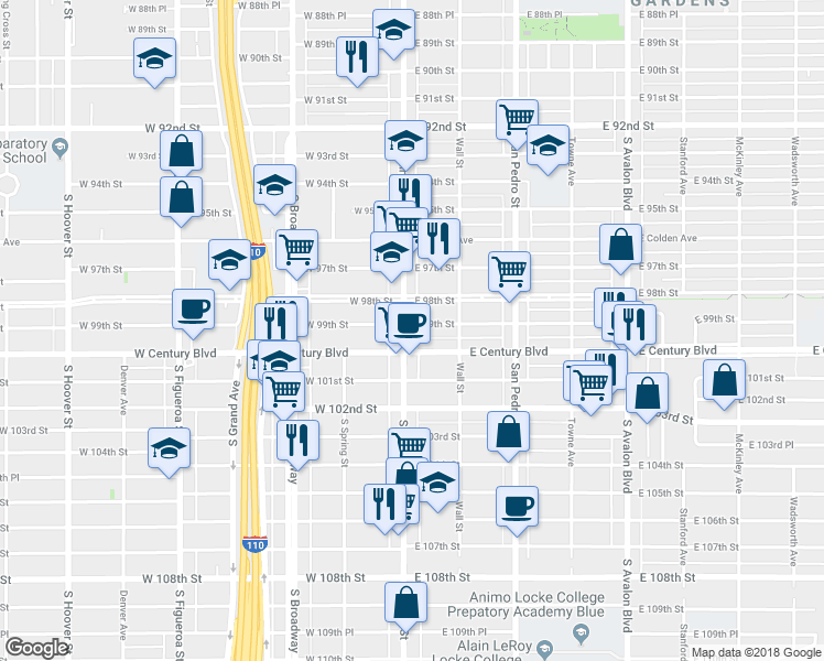 map of restaurants, bars, coffee shops, grocery stores, and more near 9902 South Main Street in Los Angeles