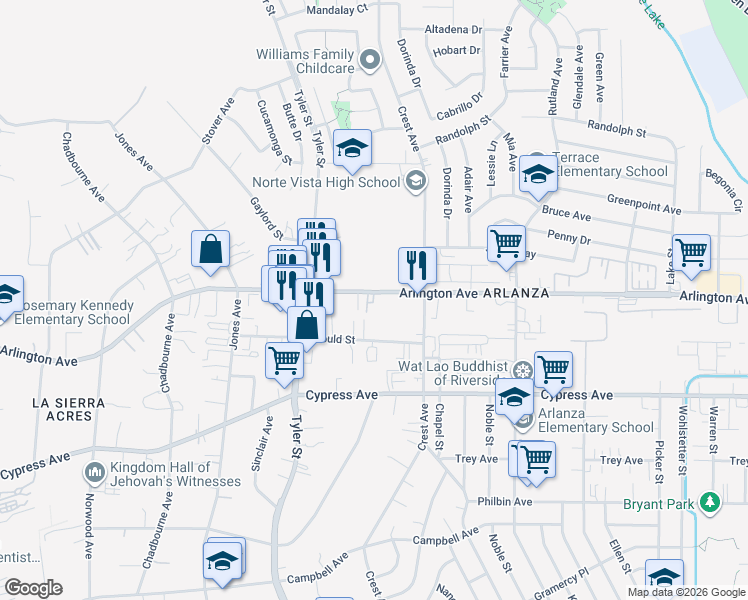 map of restaurants, bars, coffee shops, grocery stores, and more near unnamed road in Riverside