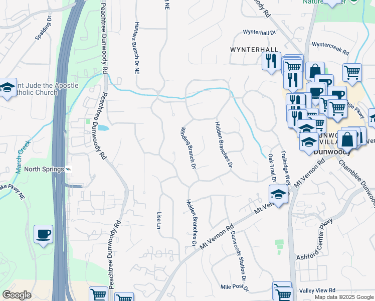 map of restaurants, bars, coffee shops, grocery stores, and more near 5040 Winding Branch Drive in Dunwoody