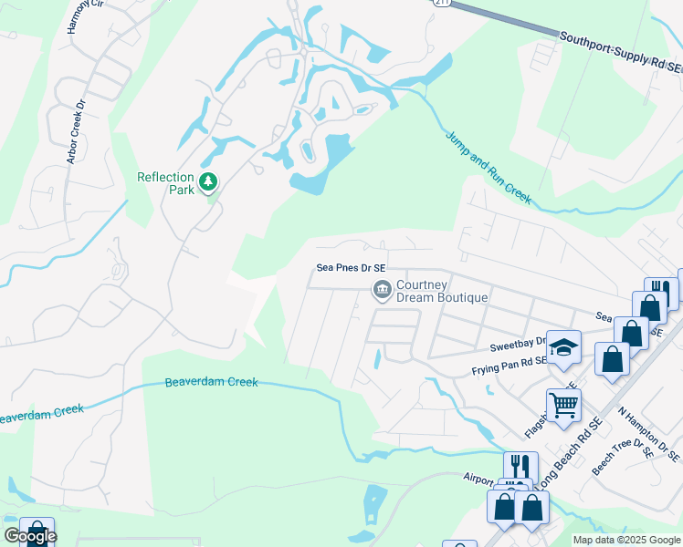 map of restaurants, bars, coffee shops, grocery stores, and more near 4425 Seapines Drive Southeast in Southport