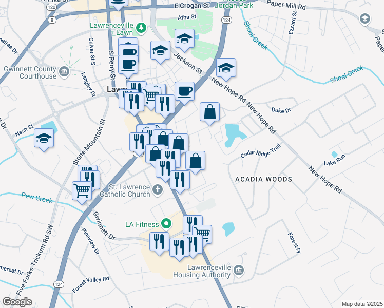 map of restaurants, bars, coffee shops, grocery stores, and more near 170 Applewood Drive in Lawrenceville