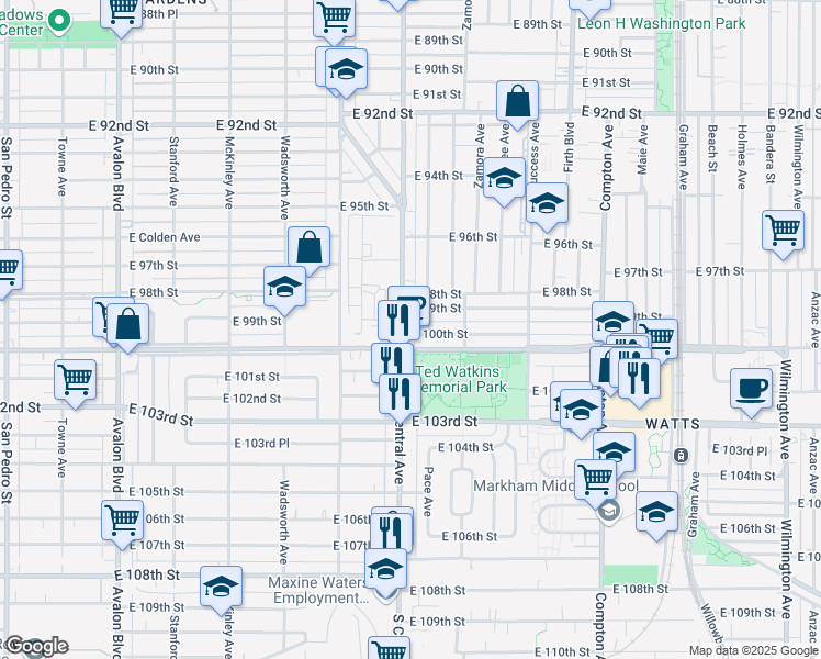 map of restaurants, bars, coffee shops, grocery stores, and more near 9920 South Central Avenue in Los Angeles