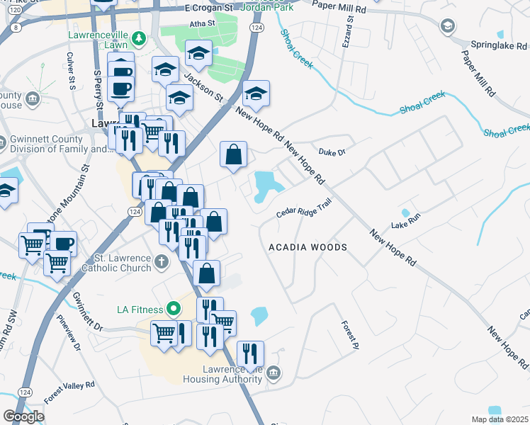 map of restaurants, bars, coffee shops, grocery stores, and more near 102 Sandalwood Circle in Lawrenceville
