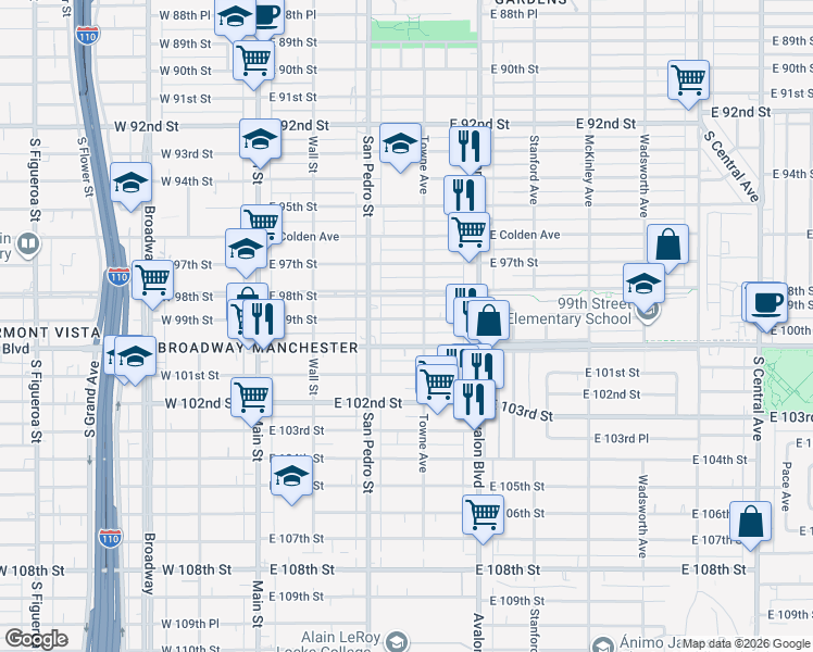 map of restaurants, bars, coffee shops, grocery stores, and more near 9825 Towne Avenue in Los Angeles