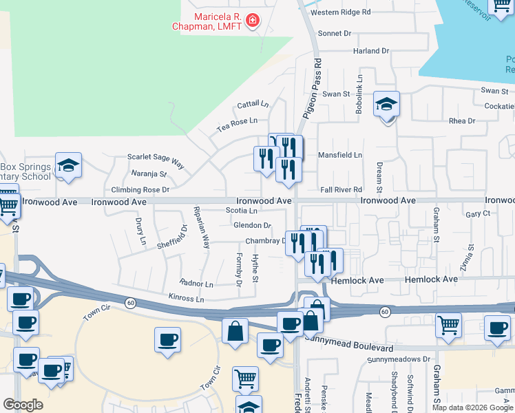 map of restaurants, bars, coffee shops, grocery stores, and more near 22862 Scotia Lane in Moreno Valley