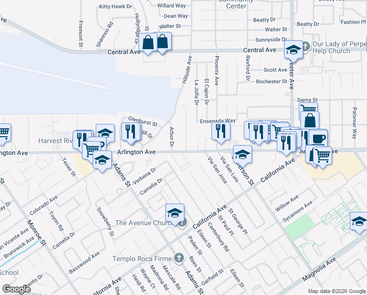 map of restaurants, bars, coffee shops, grocery stores, and more near 6970 Malibu Drive in Riverside