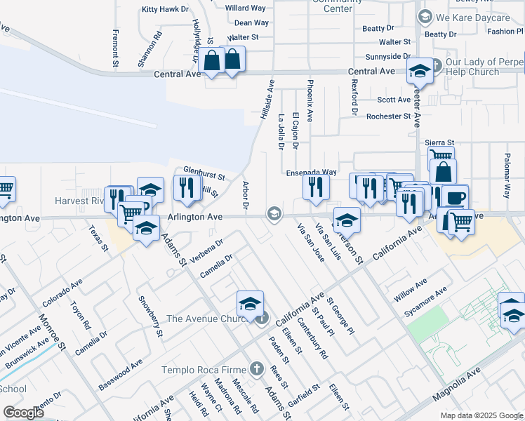 map of restaurants, bars, coffee shops, grocery stores, and more near 6985 Malibu Drive in Riverside