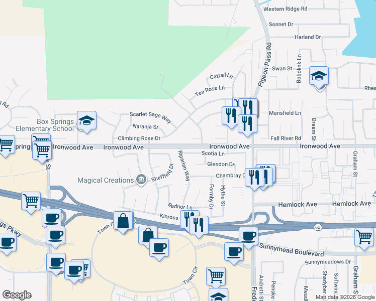 map of restaurants, bars, coffee shops, grocery stores, and more near 22696 Scotia Lane in Moreno Valley