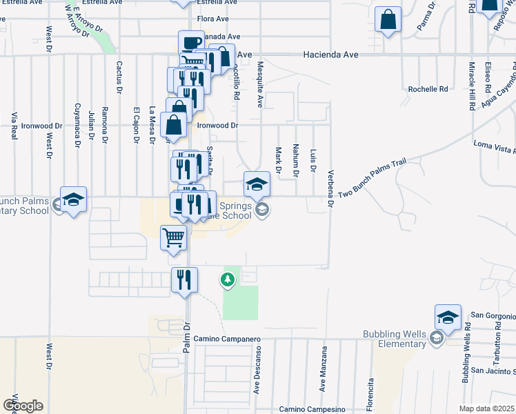 map of restaurants, bars, coffee shops, grocery stores, and more near 66755 Two Bunch Palms Trail in Desert Hot Springs