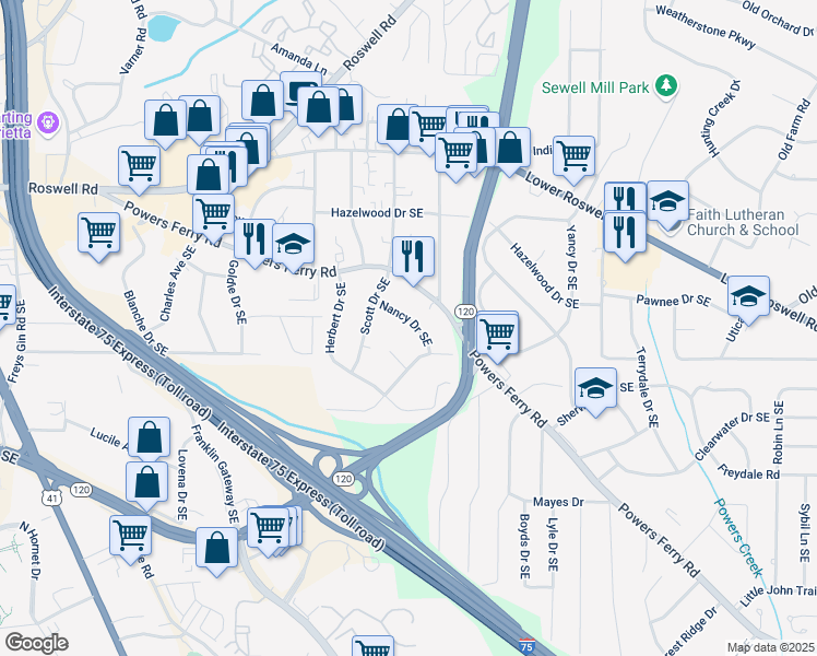 map of restaurants, bars, coffee shops, grocery stores, and more near 184 Nancy Drive Southeast in Marietta