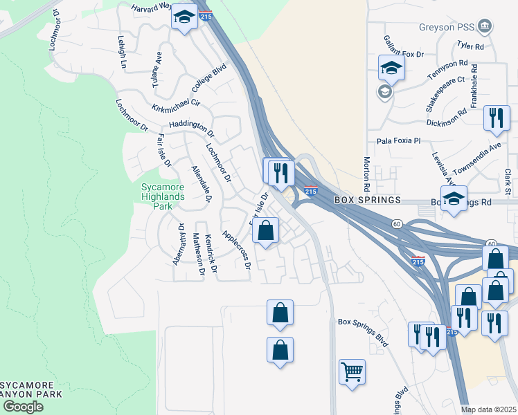 map of restaurants, bars, coffee shops, grocery stores, and more near Fair Isle Drive in Riverside