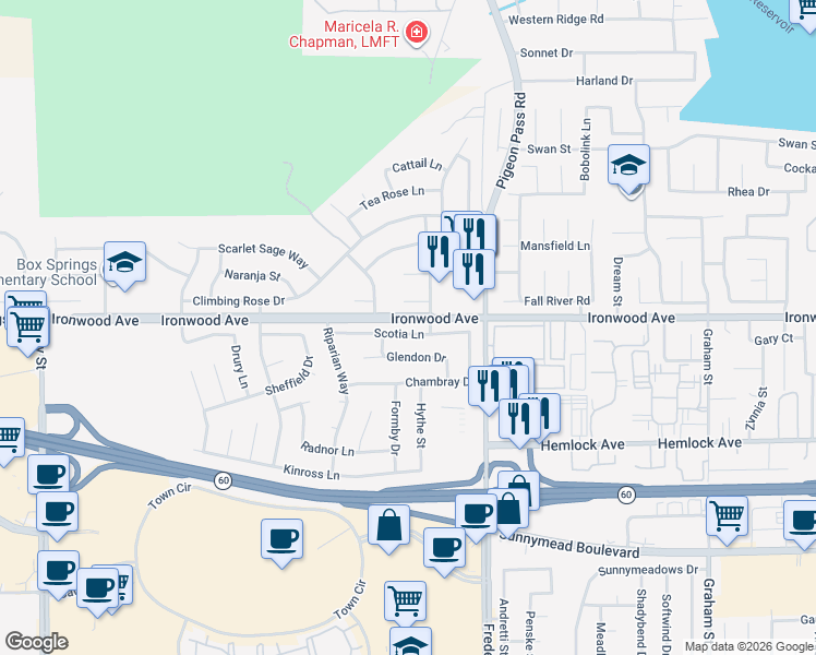 map of restaurants, bars, coffee shops, grocery stores, and more near 22826 Scotia Lane in Moreno Valley