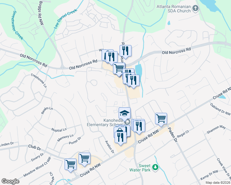 map of restaurants, bars, coffee shops, grocery stores, and more near 2673 Waverly Hills Drive in Lawrenceville