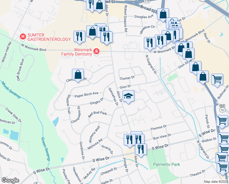 map of restaurants, bars, coffee shops, grocery stores, and more near 921 Sassafras Drive in Sumter