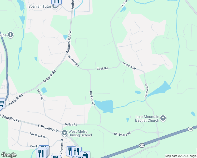 map of restaurants, bars, coffee shops, grocery stores, and more near 345 Brinkley Road in Powder Springs
