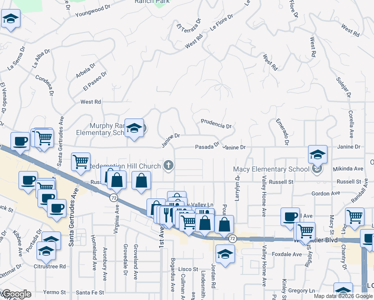 map of restaurants, bars, coffee shops, grocery stores, and more near 16230 Pasada Drive in Whittier