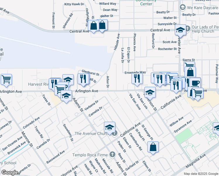 map of restaurants, bars, coffee shops, grocery stores, and more near 6970 Arbor Drive in Riverside