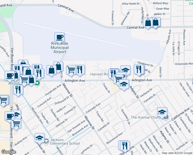 map of restaurants, bars, coffee shops, grocery stores, and more near 6875 Weaver Street in Riverside