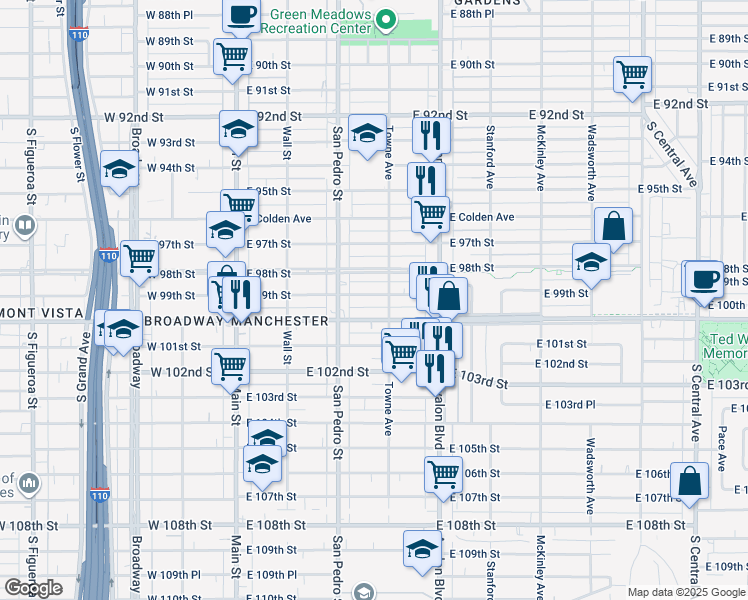 map of restaurants, bars, coffee shops, grocery stores, and more near 9825 Towne Avenue in Los Angeles