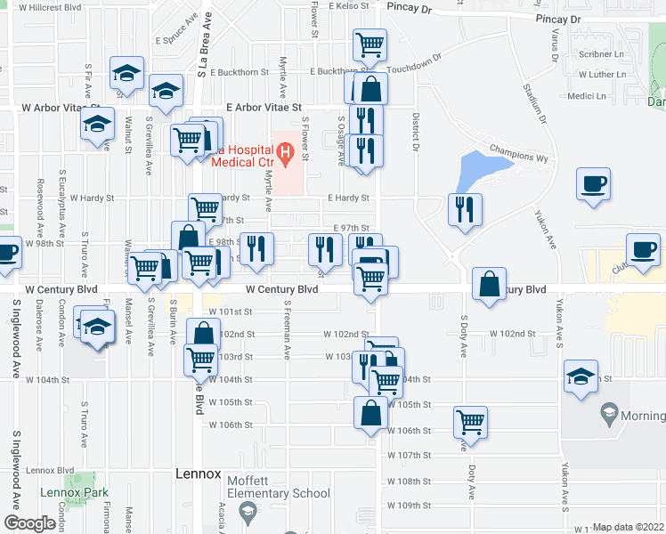 map of restaurants, bars, coffee shops, grocery stores, and more near 624 East 99th Street in Inglewood