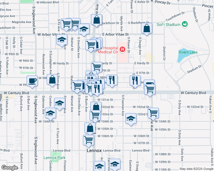 map of restaurants, bars, coffee shops, grocery stores, and more near 426 East 99th Street in Inglewood