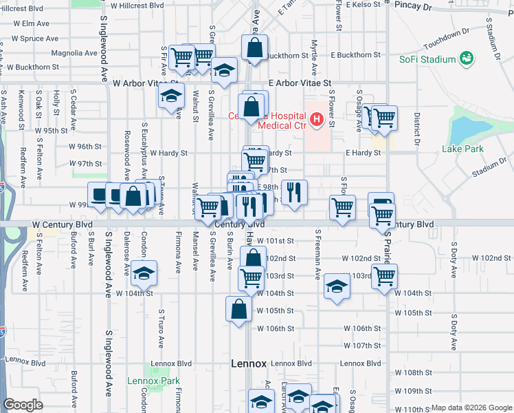 map of restaurants, bars, coffee shops, grocery stores, and more near 322 East 99th Street in Inglewood