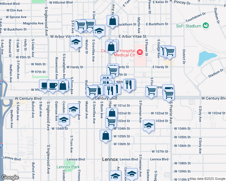 map of restaurants, bars, coffee shops, grocery stores, and more near 322 East 99th Street in Inglewood