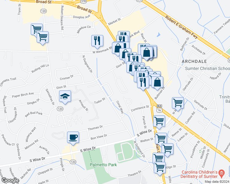 map of restaurants, bars, coffee shops, grocery stores, and more near 1010 Jessamine Trail in Sumter